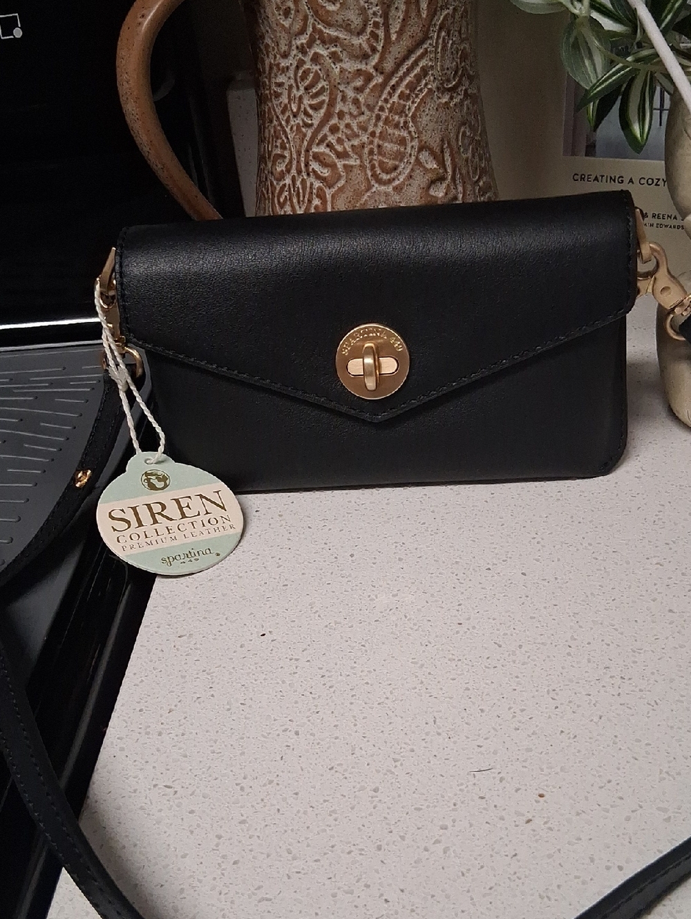 Spartina 449 Black Crossbody Wallet with Gold Turn-Lock 8x4.5 Adjustible Straps.